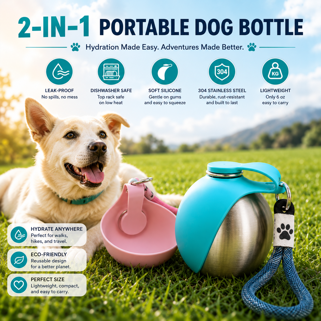 Portable Pet Water Bottle with Foldable Bowl