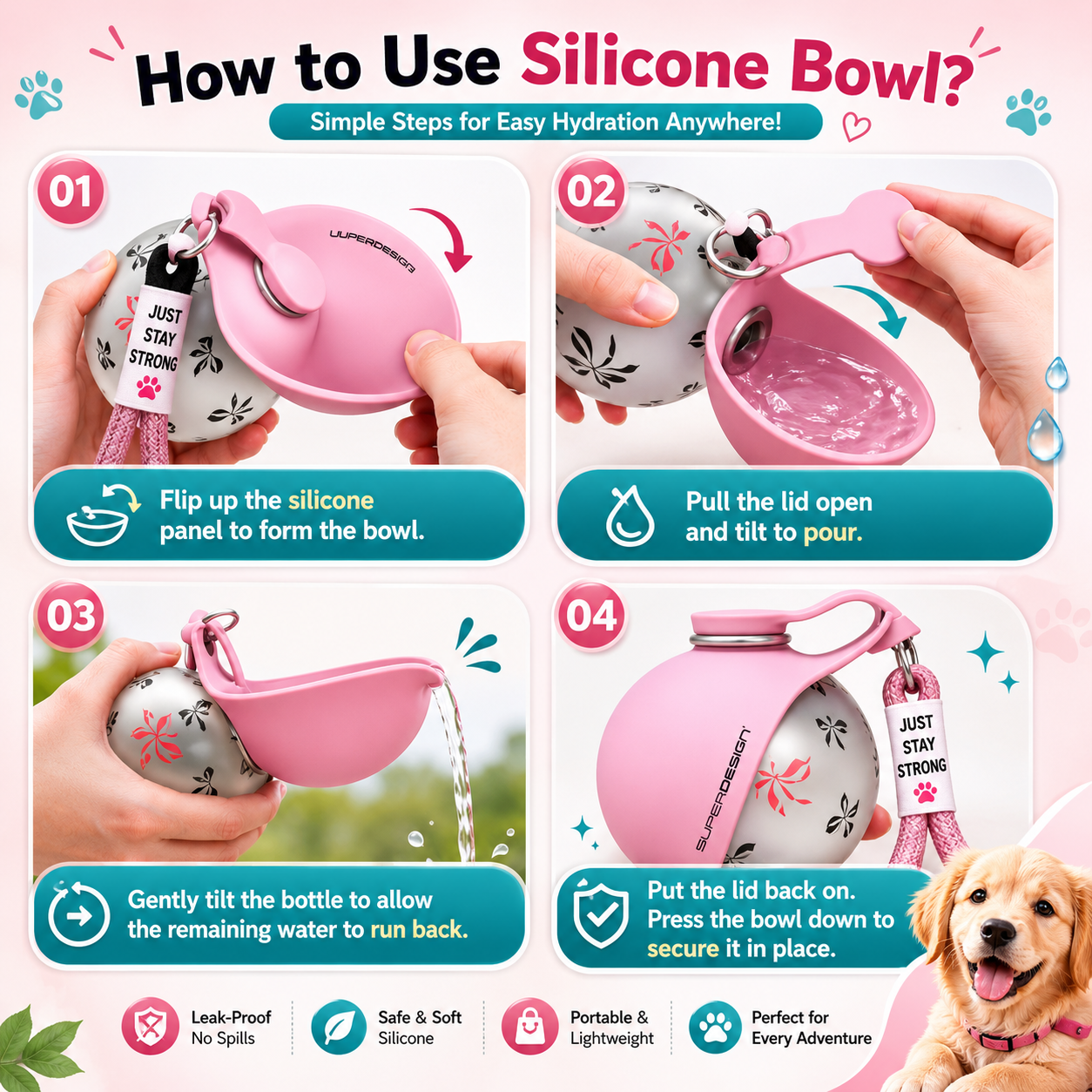 Portable Pet Water Bottle with Foldable Bowl